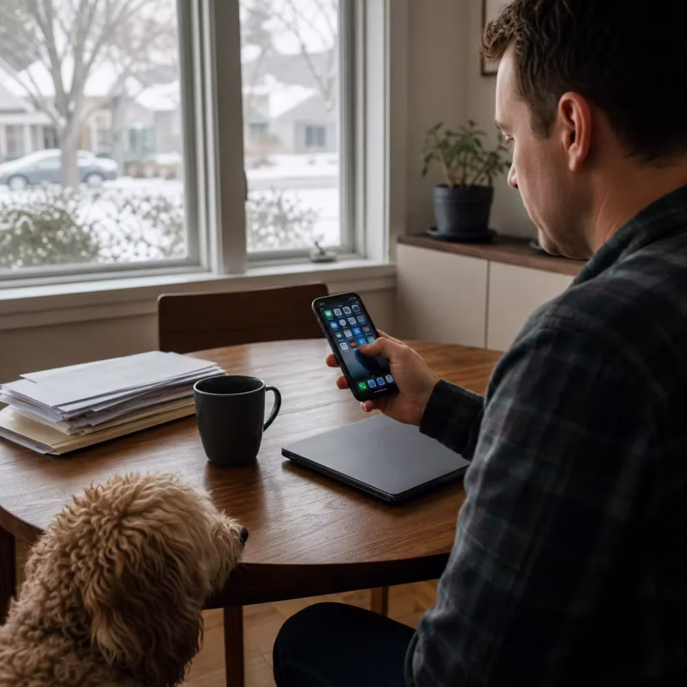 Lincoln business owner opening a newly launched iOS app at home